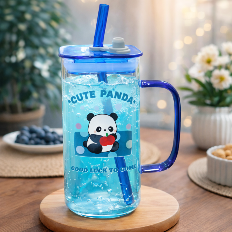 Children Glass Cup Drinking Mugs Glass Tumbler Milk Cup with Straw Silicone Lid Handle for Kids