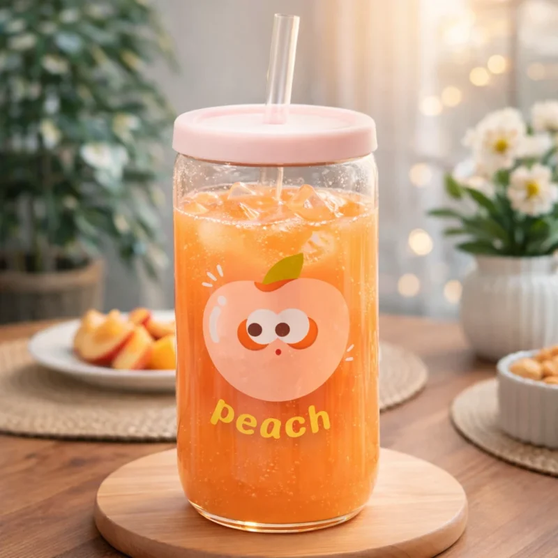 Children Glass Cup Drinking Mugs Glass Tumbler Milk Cup with Straw Silicone Lid Handle for Kids