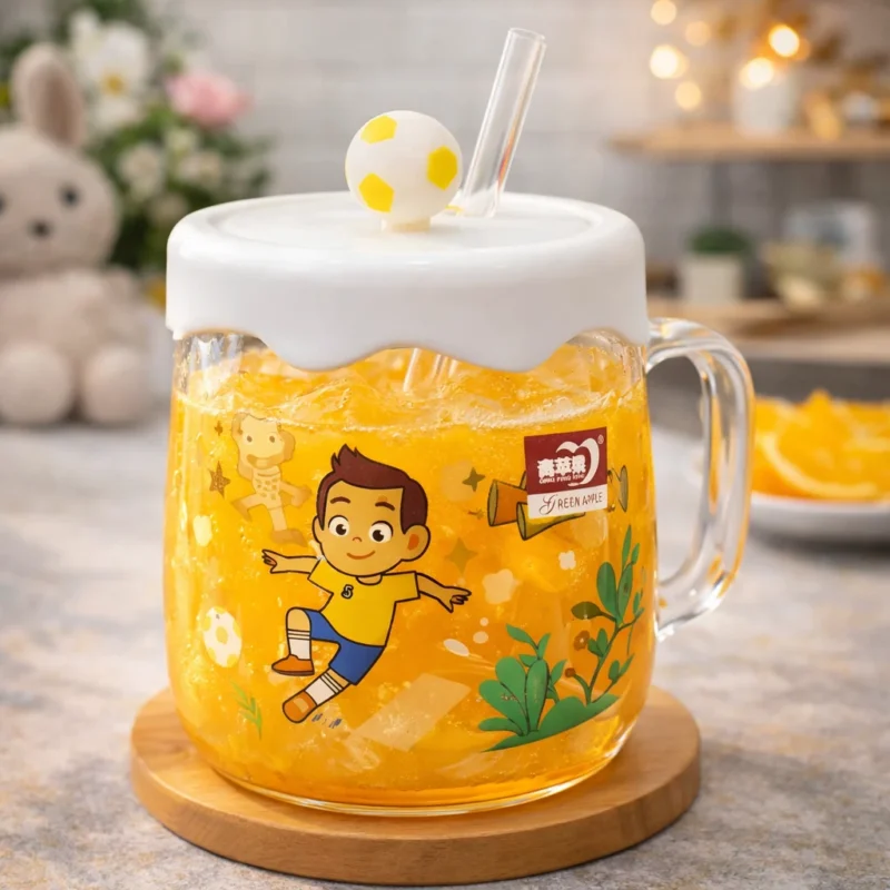 Children Glass Cup Drinking Mugs Glass Tumbler Milk Cup with Straw Silicone Lid Handle for Kids