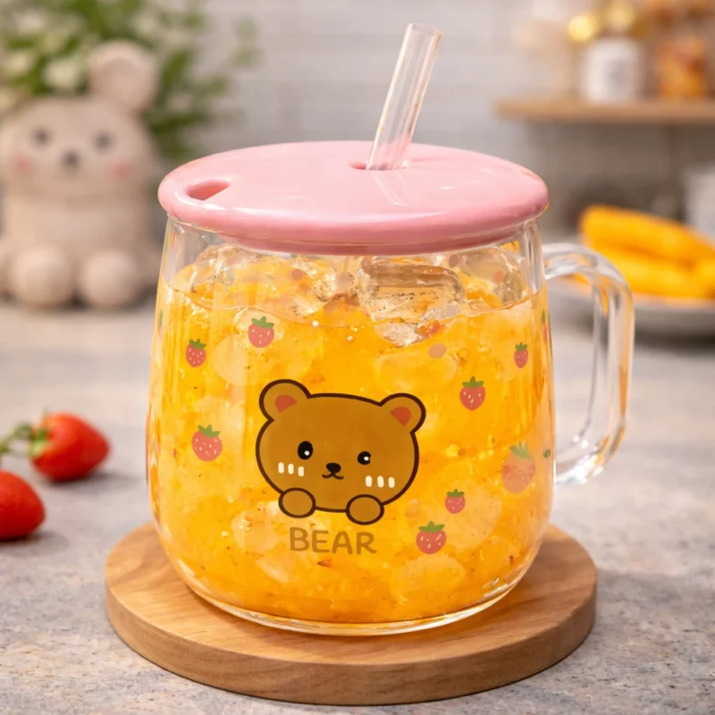 Children Glass Cup Drinking Mugs Glass Tumbler Milk Cup with Straw Silicone Lid Handle for Kids