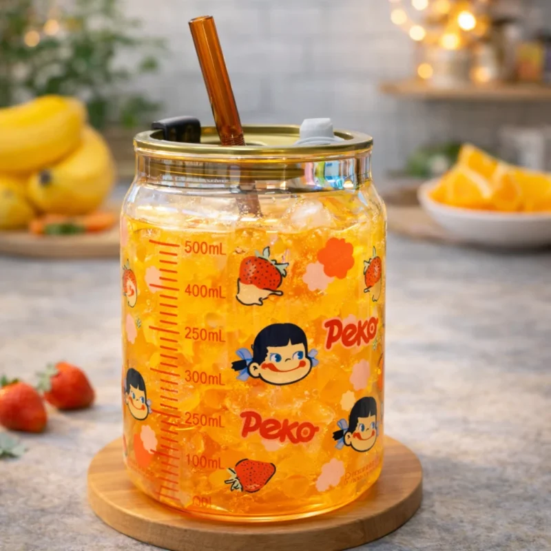 Children Glass Cup Drinking Mugs Glass Tumbler Milk Cup with Straw Silicone Lid Handle for Kids