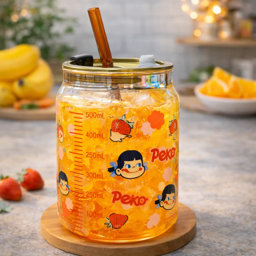 Children Glass Cup Drinking Mugs Glass Tumbler Milk Cup with Straw Silicone Lid Handle for Kids