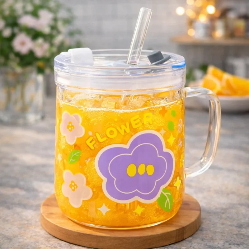 Children Glass Cup Drinking Mugs Glass Tumbler Milk Cup with Straw Silicone Lid Handle for Kids