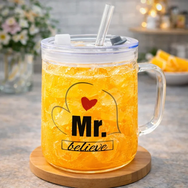 Children Glass Cup Drinking Mugs Glass Tumbler Milk Cup with Straw Silicone Lid Handle for Kids