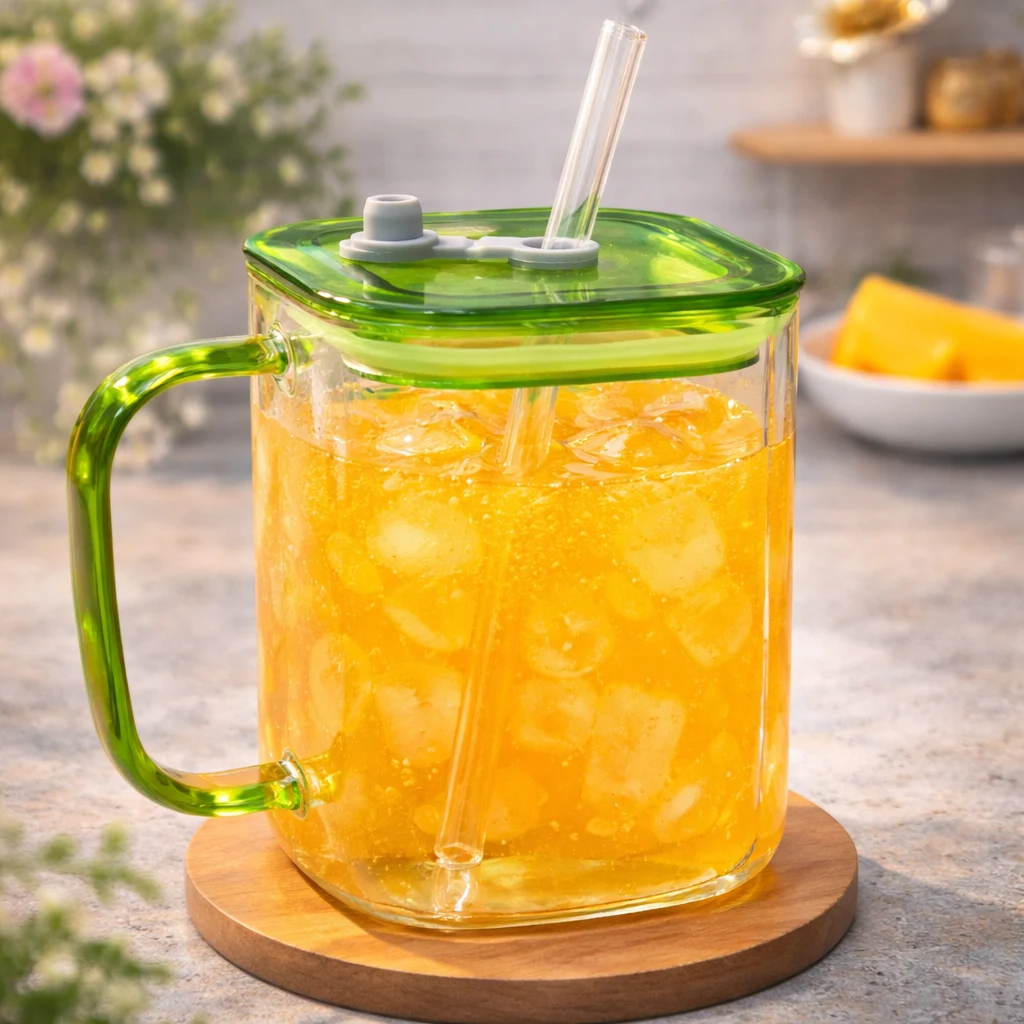 Children Glass Cup Drinking Mugs Glass Tumbler Milk Cup with Straw Silicone Lid Handle for Kids