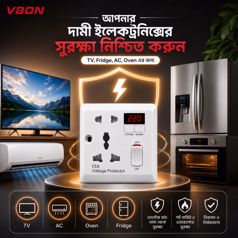 Smart Voltage Protector Plug | 13A | TV, AC, Refrigerator & Oven